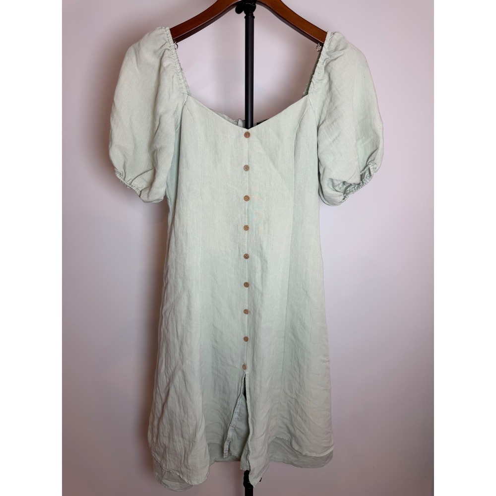 Aakaa Women Sage Green Linen Blend Puff Sleeve Button Front Mini Dress Size S
